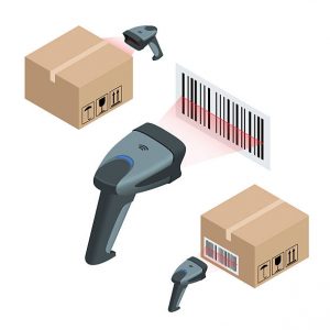 The manual scanner of bar codes. Flat 3d vector isometric illustration